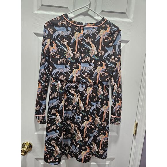 LOFT Womens 0 2 Petite Peacock Snow Bird Print Long Sleeve Dress Crew Neck - Picture 4 of 9